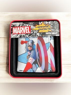 NEW Marvel Comics Trifold Wallet Captain America Limited Edition Tin Box Men Kid